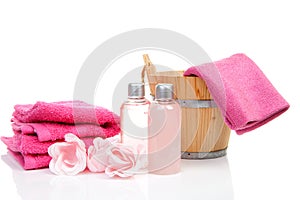 Pink bath accessory for sauna or spa photo