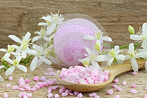 Pink bath bomb and bath salt