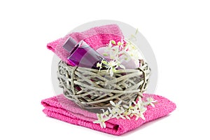 Pink bath products in a basket photo
