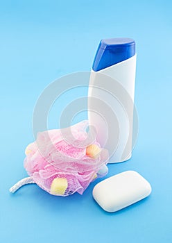 Pink Bath Puff, Soap and Shampoo