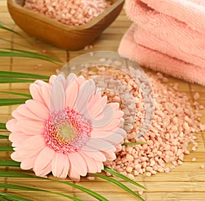 pink bath salt, pink gerber and towel