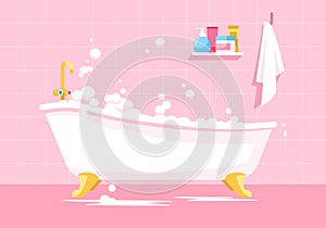 Pink bathroom semi flat vector illustration