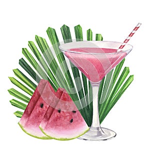 Pink beach cocktail with watermelon, Licuala palm leaf. Summer tropical drink. Party time. Hand-drawn watercolor