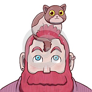 Pink Bearded Man with a Cat on the Top of His Head