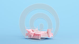 Pink Bed Vintage Iron Bed Frame Comfortable Elegance Sheets Blanket Pillow Kitsch Blue Background