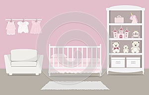 Pink bedroom for a baby girl. Kid`s room for a newborn baby