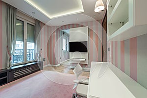 Pink bedroom interior in modern luxury apartment