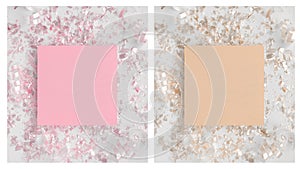 Pink and Beige Square Smooth Frames on a Metallic Confetti Background.