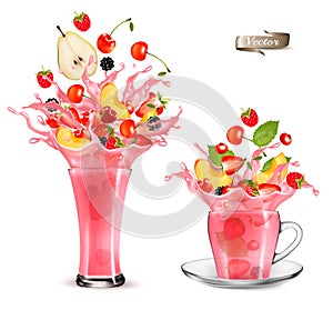 Pink berry juice splash. Whole and sliced strawberry, raspberry, cherry, blackberry and pear in a sweet juce or fruit tea with