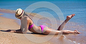 Pink bikini sea, sunglasses, hat, sand, smile