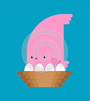 Pink Bird and Eggs in Nest cartoon isolated. Birdie little. Vector illustration