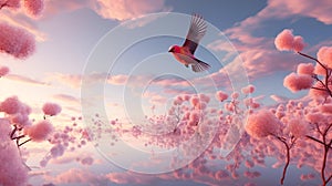 a pink bird in flight over some plants and water in a body of water