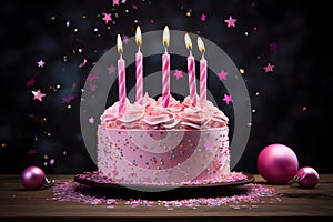 Pink birthday cake with candles and cream on celebration background