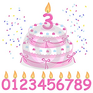 Pink birthday cake, confetti, ribbons and candles. Vector illustration