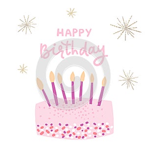 Pink birthday cake decorated candles vector illustration, gold glirtter sparks and sparklers on white background, happy