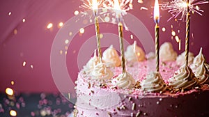 Pink Birthday Cake with Gold Candles and Sparklers Celebrate