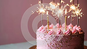 Pink Birthday Cake with Gold Candles and Sparklers Celebrate
