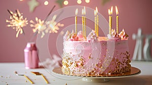 Pink Birthday Cake with Gold Candles and Sparklers Celebrate