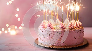 Pink Birthday Cake with Gold Candles and Sparklers Celebrate