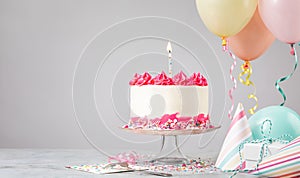 Pink Birthday Cake with Party hats and balloons