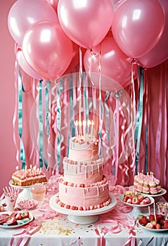a pink birthday cake on a pink table with pink balloons and ribbons decoration on the wall