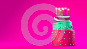 Pink birthday cake with three layers on a pink background
