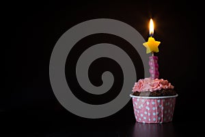 Pink Birthday Cupcake with Candle Dark Background