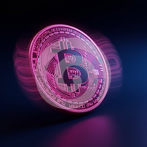 AI Generated Image of Pink Bitcoin Coin with Glowing Aura on Dark Background photo