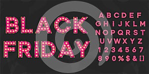 Pink Black friday sale illuminated bulb text. Vintage typography for theater or showtime movie design.