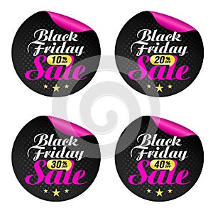 Pink Black Friday sticker collection. Black Friday sale 10%, 20%, 30%, 40% off