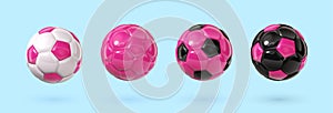 Pink and black glossy football balls isolated design elements. Colorful rosy soccer balls collection. Vector 3d design