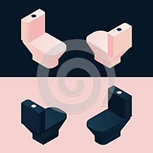 Pink and black isometric toilet. Bathroom furniture collection in various foreshortening
