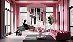 Pink modern living room with a piano. Interior design illustration. Generative AI. photo
