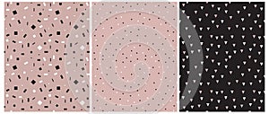 Pink, Black and White Abstract Seamless Vector Patterns with Dots, Triangles and Geometric Elements.