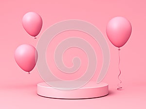 Pink blank round product podium pedestal with pink pastel color balloons on light pink background