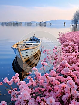 Pink blooming flowers, petals all around, water and a wooden boat lake. Flowering flowers, a symbol of spring, new life