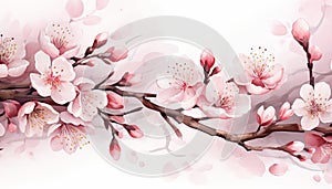 Pink blooming spring tree branch in watercolor style
