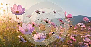 pink blooming violet field background meadow flower sunset nature beautiful colorful. Generative AI.