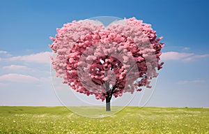 pink blossom tree of love heart shape in green field over blue sky