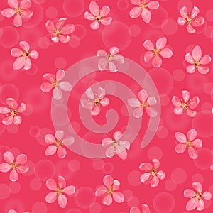 Pink blossoming cherry with bokeh effect seamless pattern