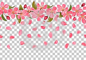 Pink blossoming cherry branches with bokeh effect seamless pattern