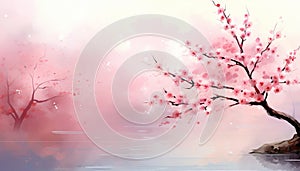 Pink blossoming tree in watercolor style