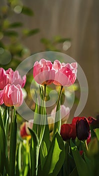 Pink Blossoming of tulips flowers in morning, spring sunshine. Natural background