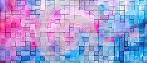 Pink and blue abstract grunge glass square mosaic tile mirror wall, creating a textured background, Ai Generated