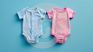 Pink and blue baby bodysuits on a blue top view. Gender reveal concept. Boy or girl