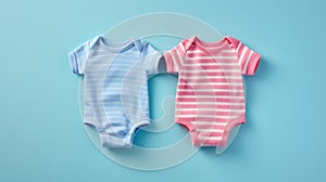 Pink and blue baby bodysuits on a blue top view. Gender reveal concept. Boy or girl