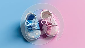 Pink and blue baby booties top view. Gender reveal concept. Boy or girl