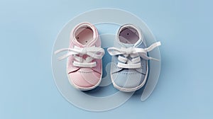 Pink and blue baby booties top view. Gender reveal concept. Boy or girl