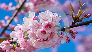 Pink blue background with cherry blossom tree macro detail