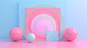 A pink and blue background with a large egg, two smaller eggs and some blocks, AI